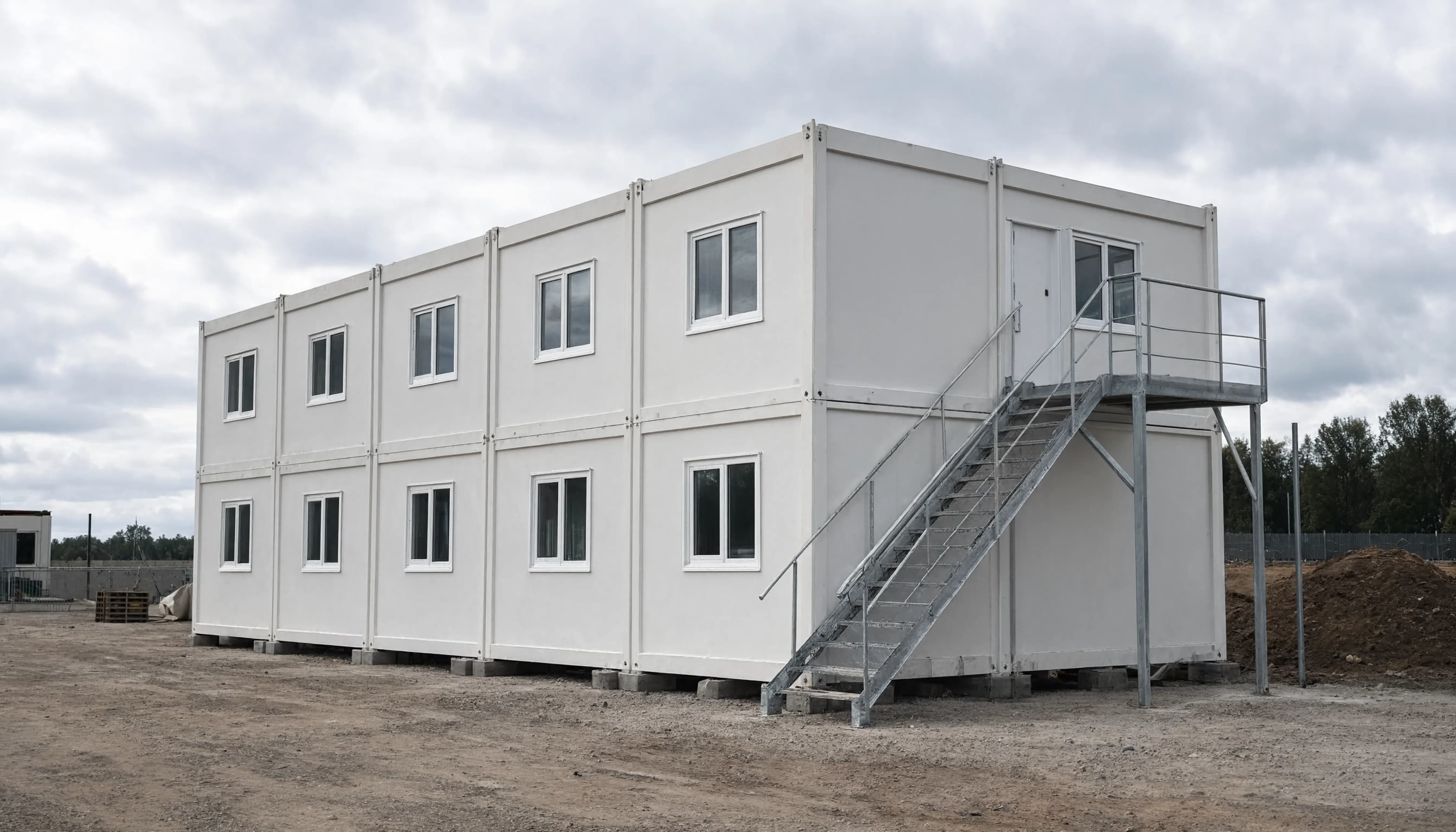 Kuvitus modulaarisesta työmaatukikohdasta, jossa toimistoja ja ulkoportaat työmaalla