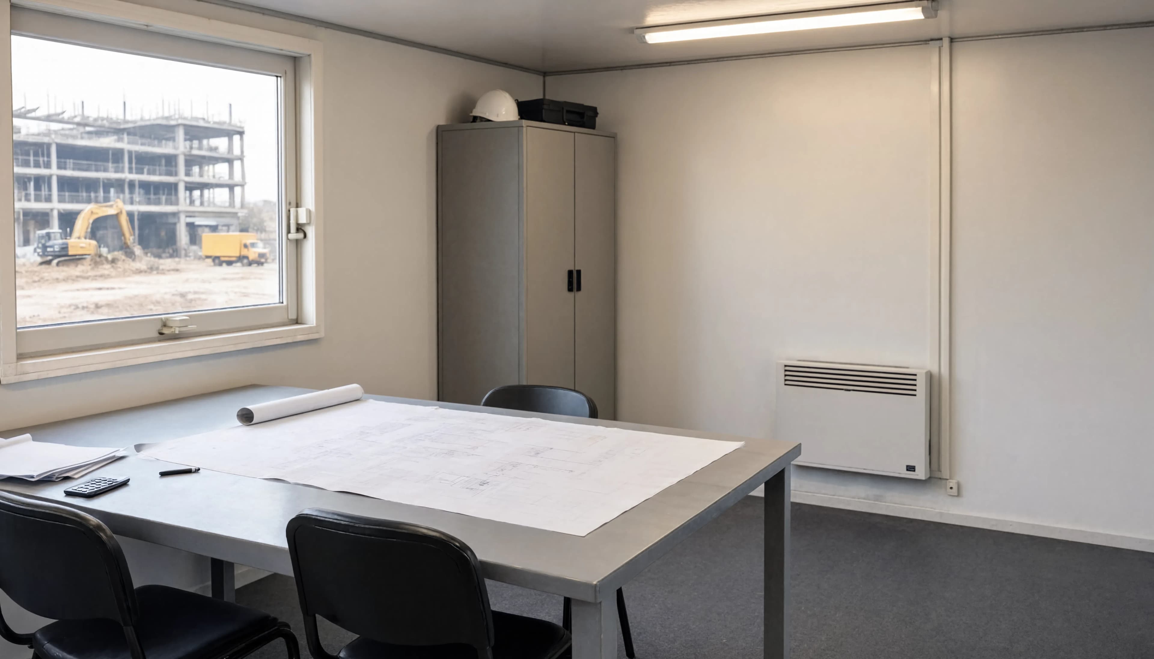 Illustration af et modulært arbejdsområde med møbler, vindue og opvarmning; indretning skal defineres for hver container