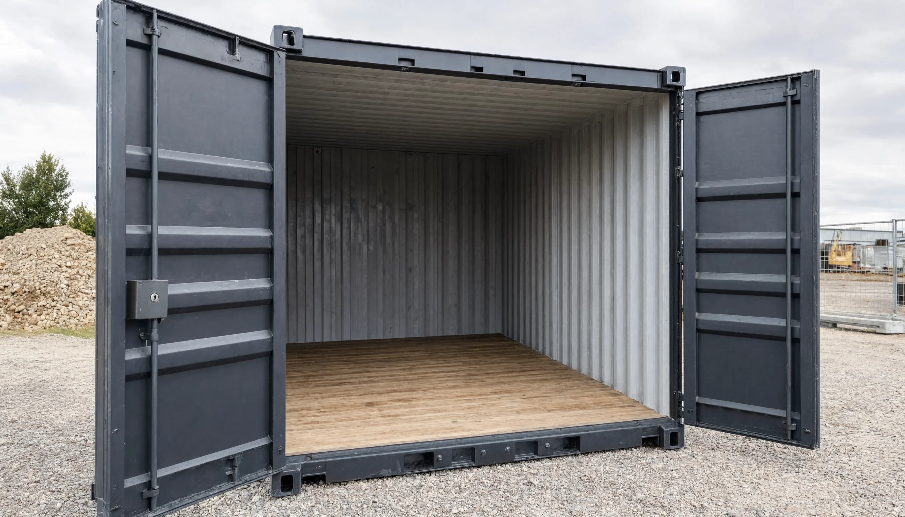Illustrasjon av en container med åpne dører, med synlig gulv og vegger