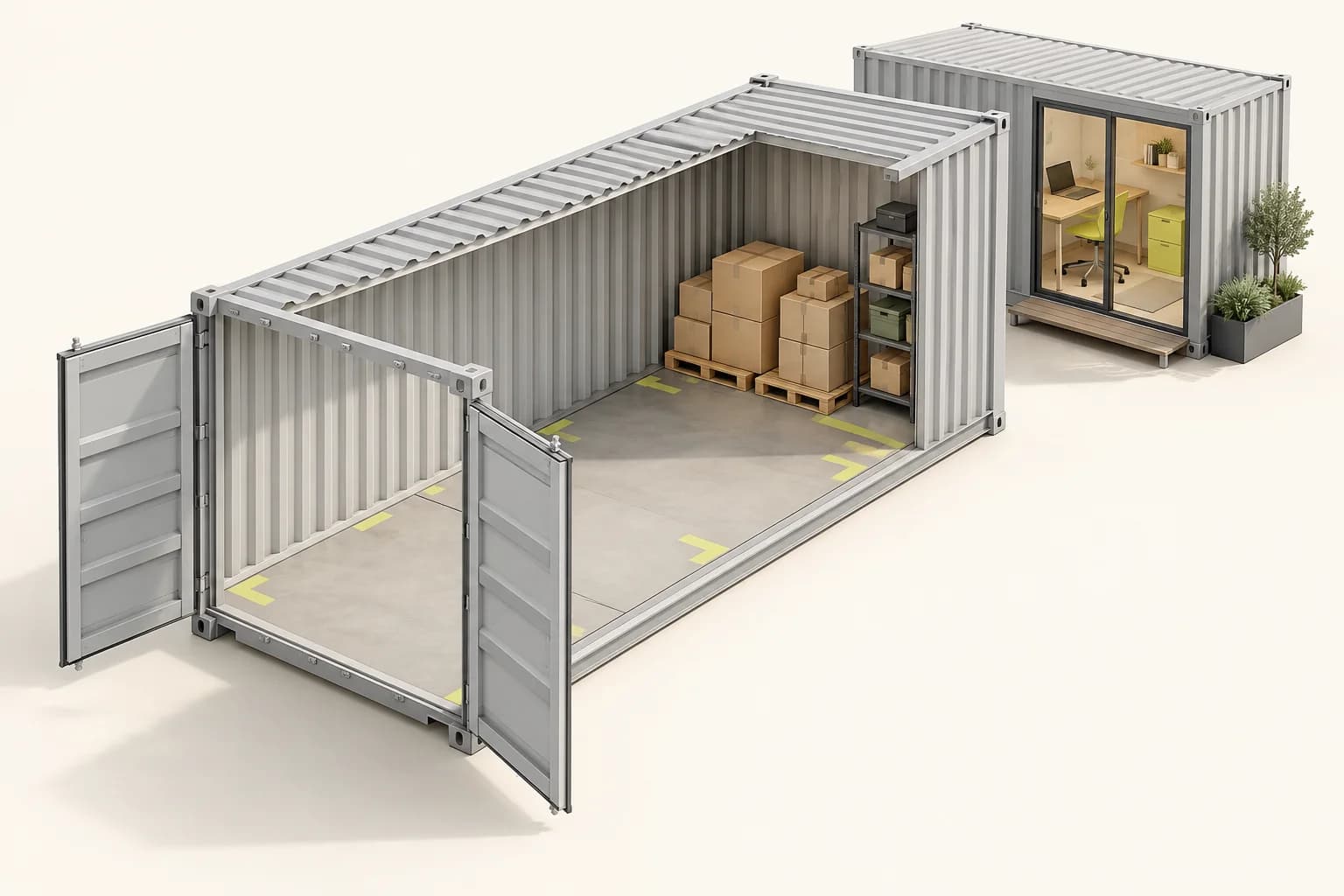 Tværsnitsillustration af en opbevaringscontainer med paller og kasser, nær et indrettet modul