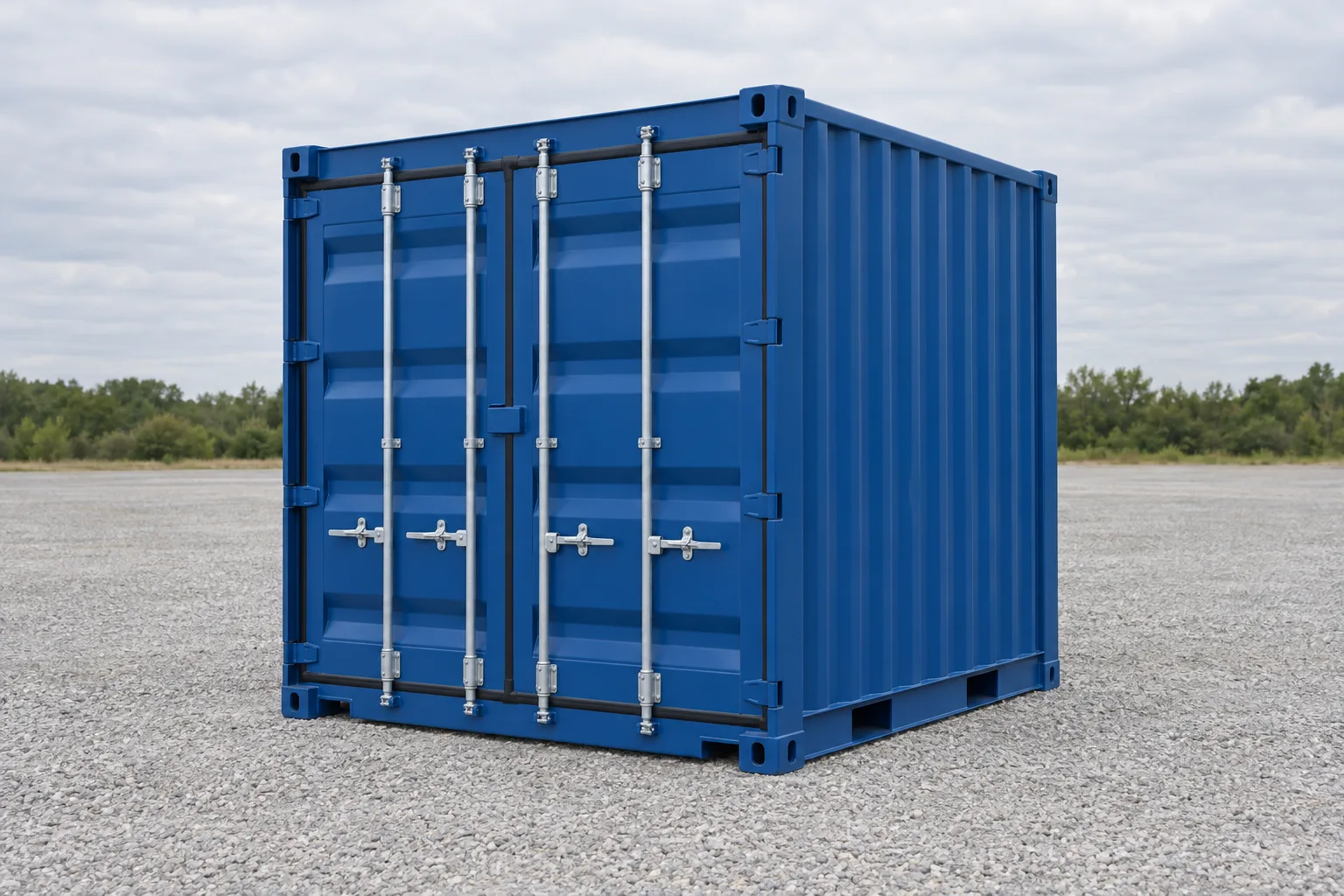 Illustration af en blå 10 fods skibscontainer set fra tre fjerdedele, kort og næsten lige så høj som lang, lukkede døre. Angivne mål: højde 2,59 m, bredde 2,44 m, længde 2,99 m