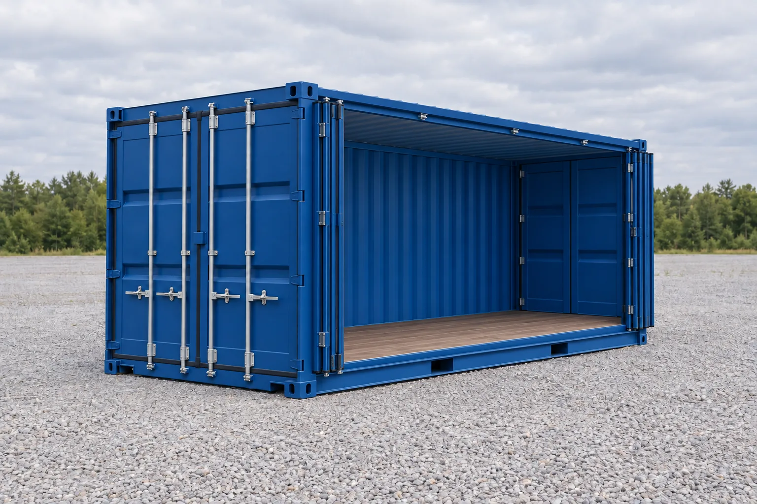 Illustration af en blå 20 fods Open Side container set fra tre fjerdedele, stor åben side, tomt indre og trægulv. Angivne mål: højde 2,59 m, sideåbning ≈ 5,90 m