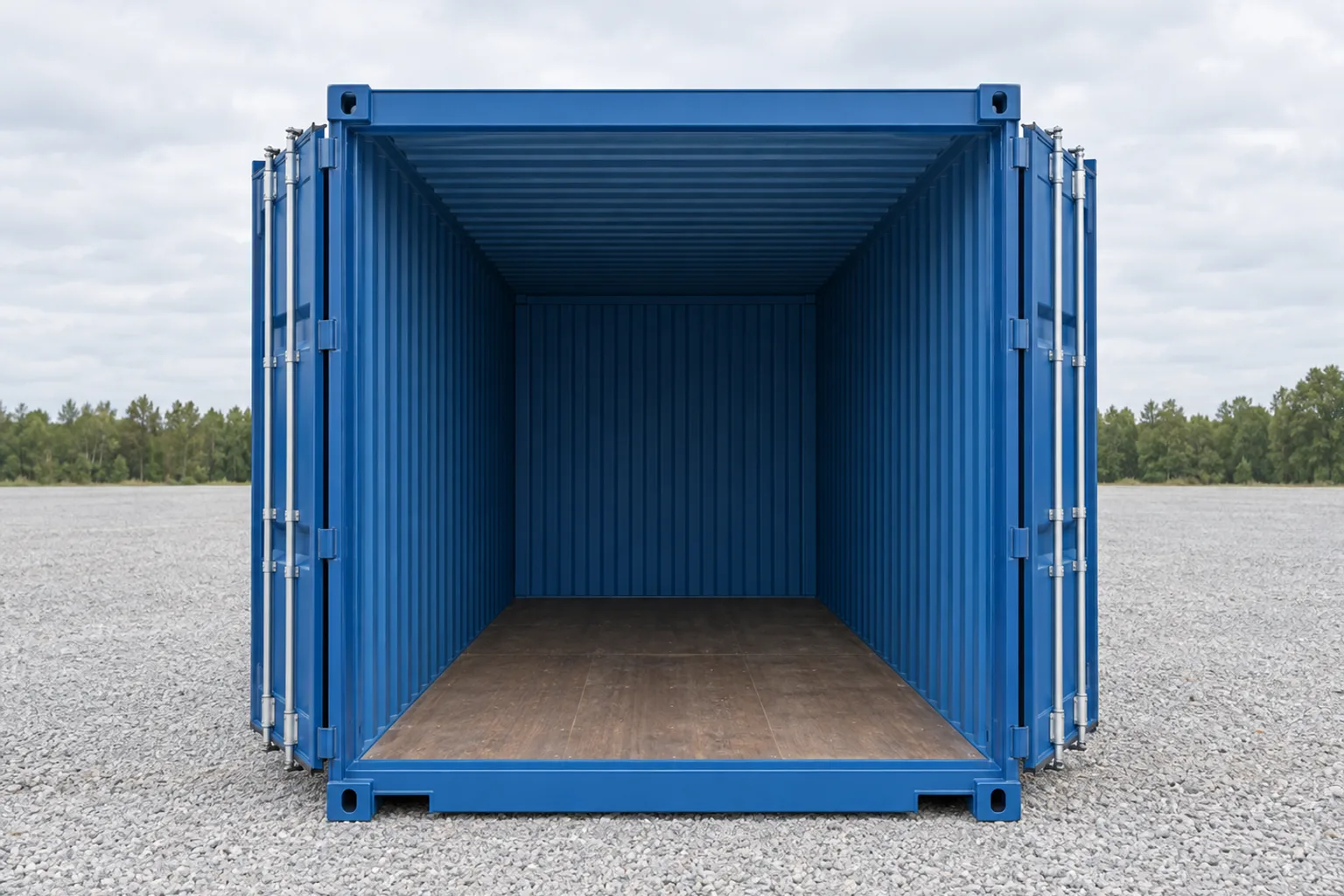 Illustration af en standard 20 fods blå container set forfra, begge døre åbne mod et tomt indre med trægulv. Angivne mål: døråbningsbredde 2,34 m, dørgennemgangshøjde 2,29 m