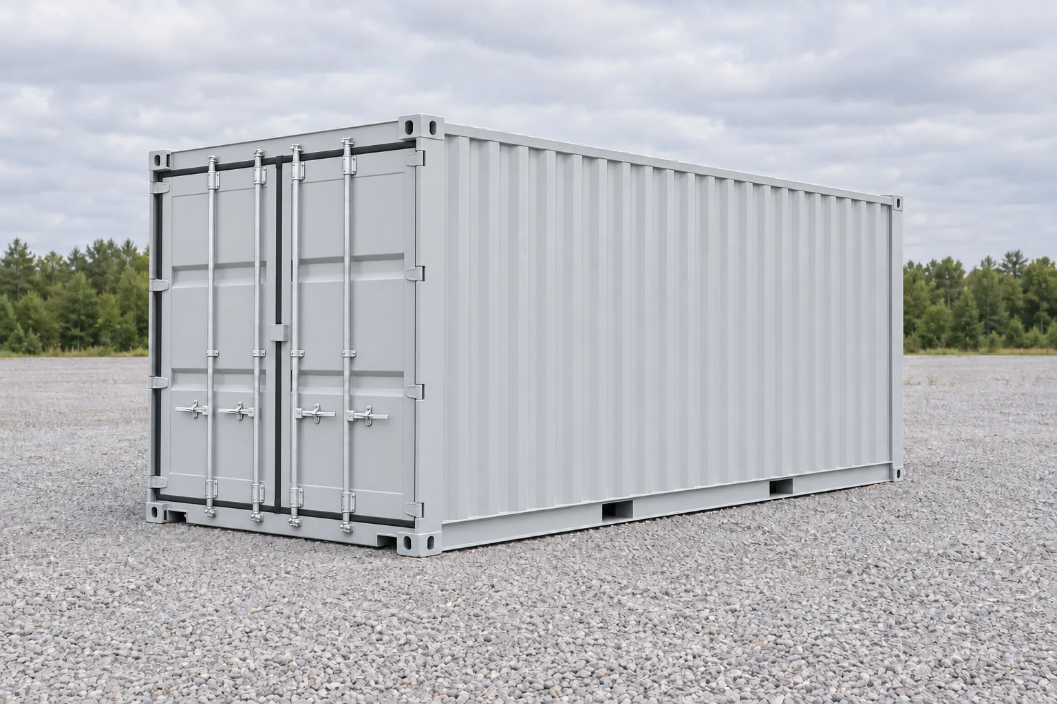 Illustrasjon av en 20 fots lys grå sjøcontainer i første reise med ny maling, sett fra tre fjerdedels vinkel, dører lukket. Oppgitte mål: høyde 2,59 m, bredde 2,44 m, lengde 6,06 m