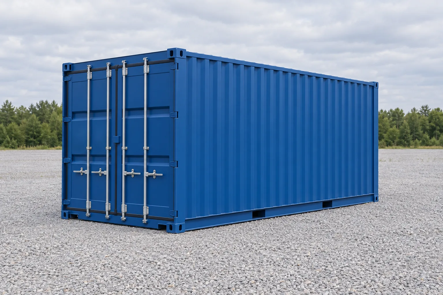 Illustration af en standard 20 fods blå skibscontainer set fra tre fjerdedele, lukkede døre, placeret på en grusbelagt gård. Angivne mål: højde 2,59 m, bredde 2,44 m, længde 6,06 m