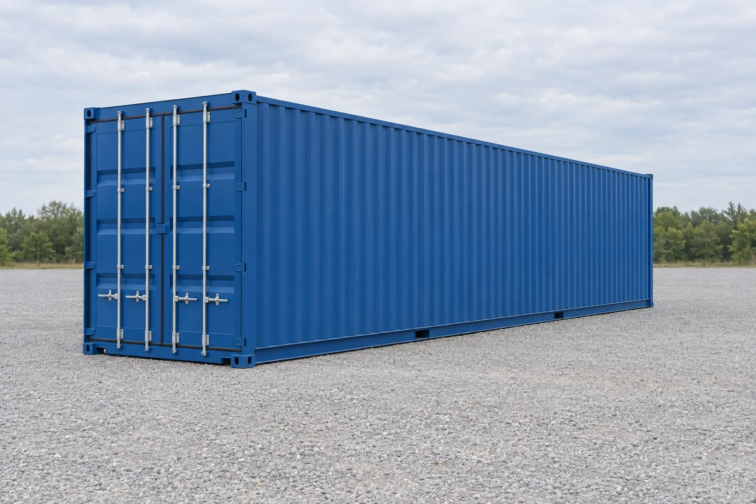 Illustrasjon av en 40 fots blå High Cube sjøcontainer, høyere enn standard, sett fra tre fjerdedels vinkel, dører lukket. Oppgitte mål: høyde 2,90 m, lengde 12,19 m