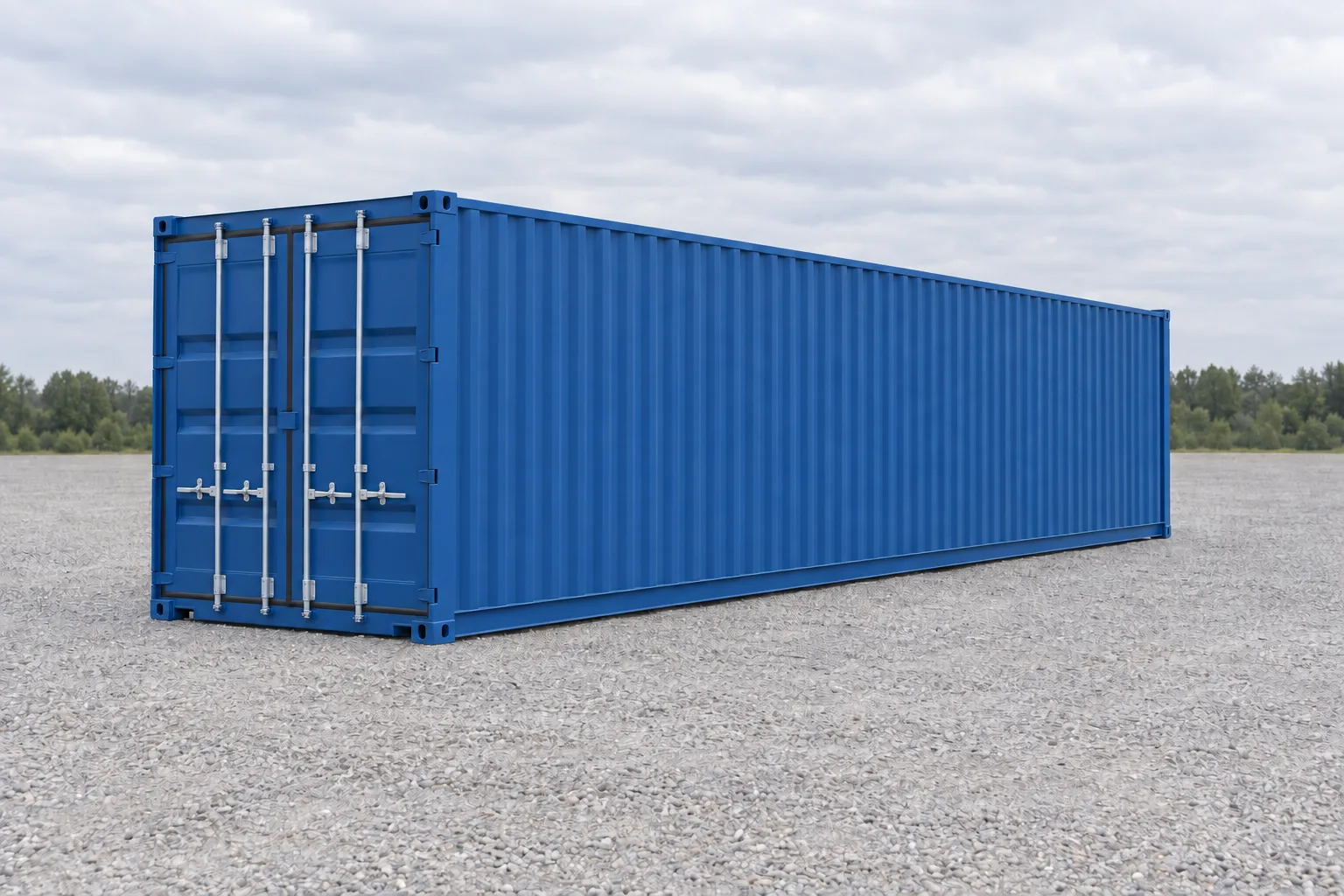 Illustrasjon av en standard 40 fots blå sjøcontainer sett fra tre fjerdedels vinkel, dører lukket og langside i bølgeblikk. Oppgitte mål: høyde 2,59 m, bredde 2,44 m, lengde 12,19 m