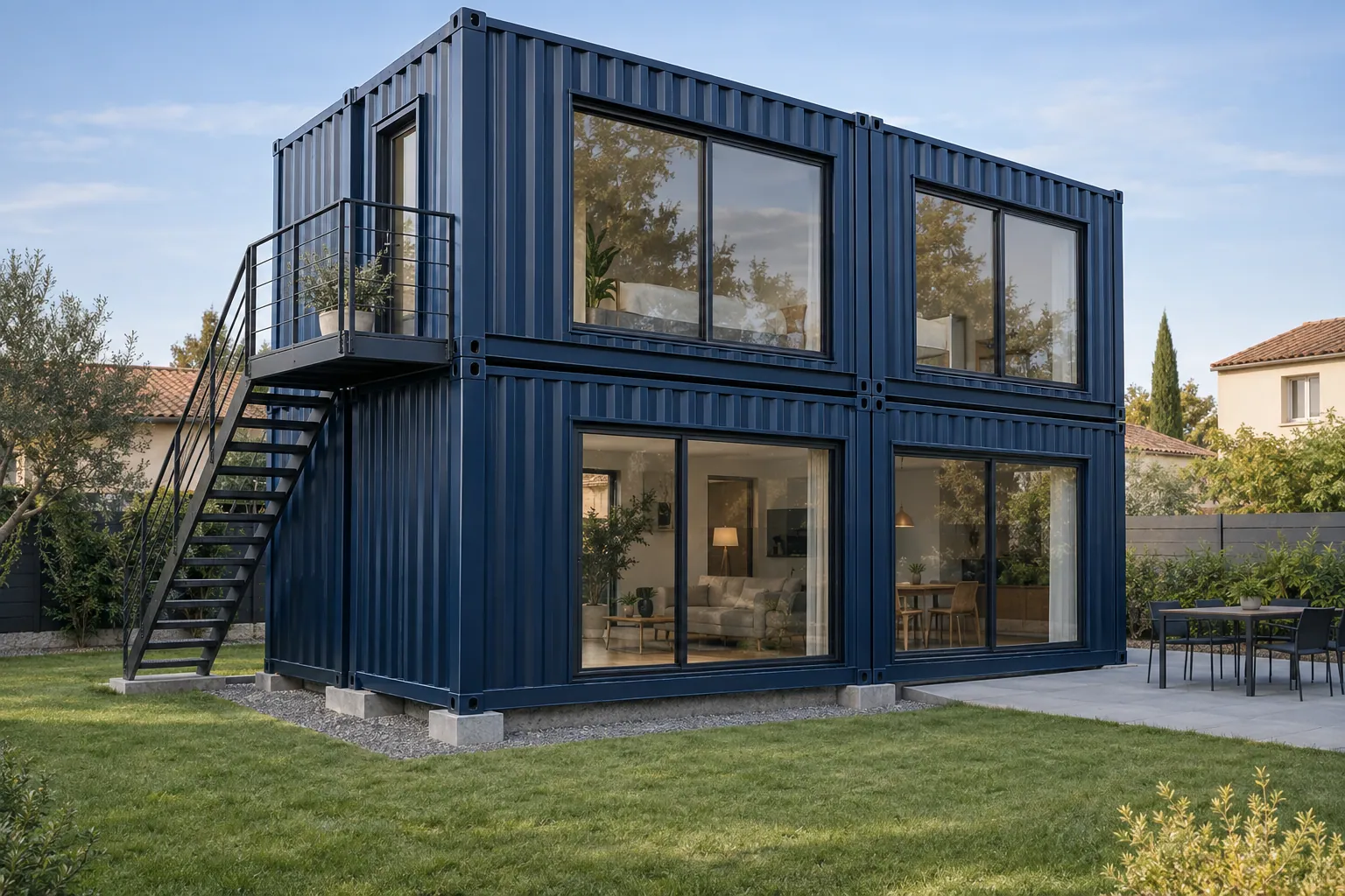 Illustration af et containerhus i to etager, mørkeblå containere stablet, store vinduer, udvendig metaltrappe og altan, på en grund i et parcelhuskvarter