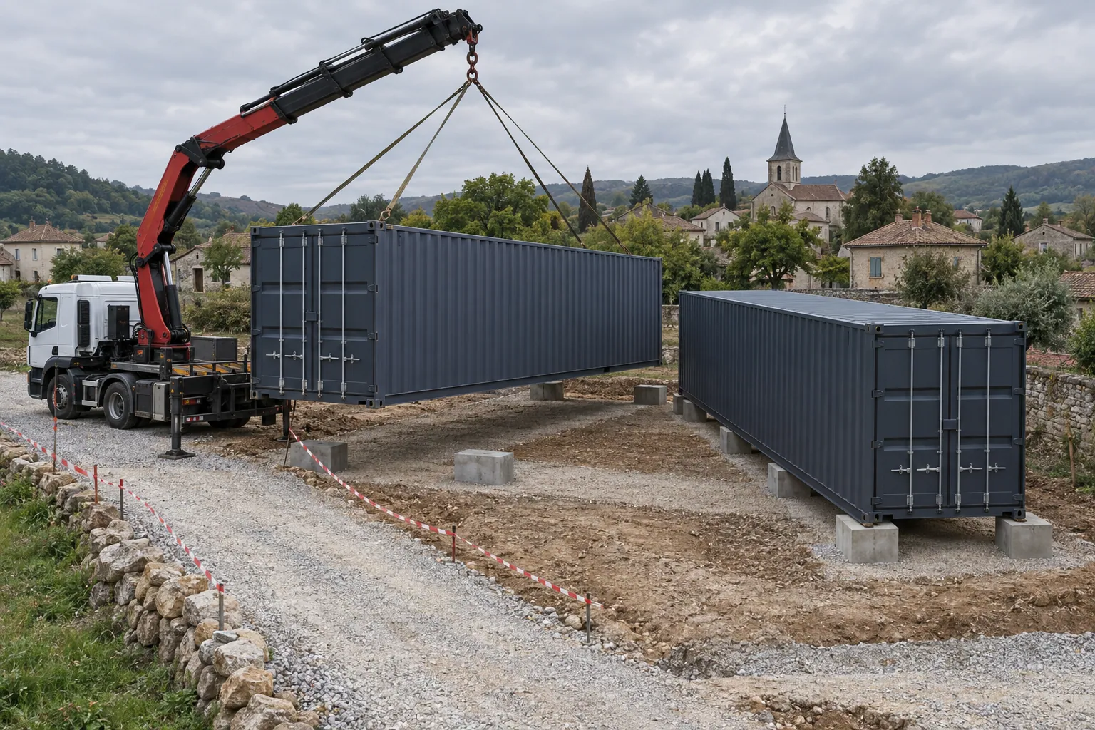 Illustration af levering af en container på en byggegrund: en kranbil placerer den på betonfundamentblokke, en anden container er allerede placeret